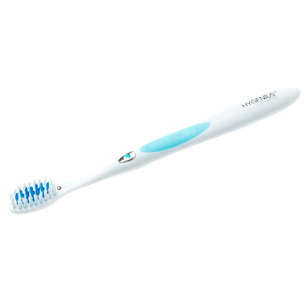Angled side view of HyGenius Ionic Toothbrush in Aqua