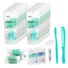 Bulk 12-pack travel hygiene kit with toothbrush, toothpaste, comb, shampoo, shower gel, shower cap and soap