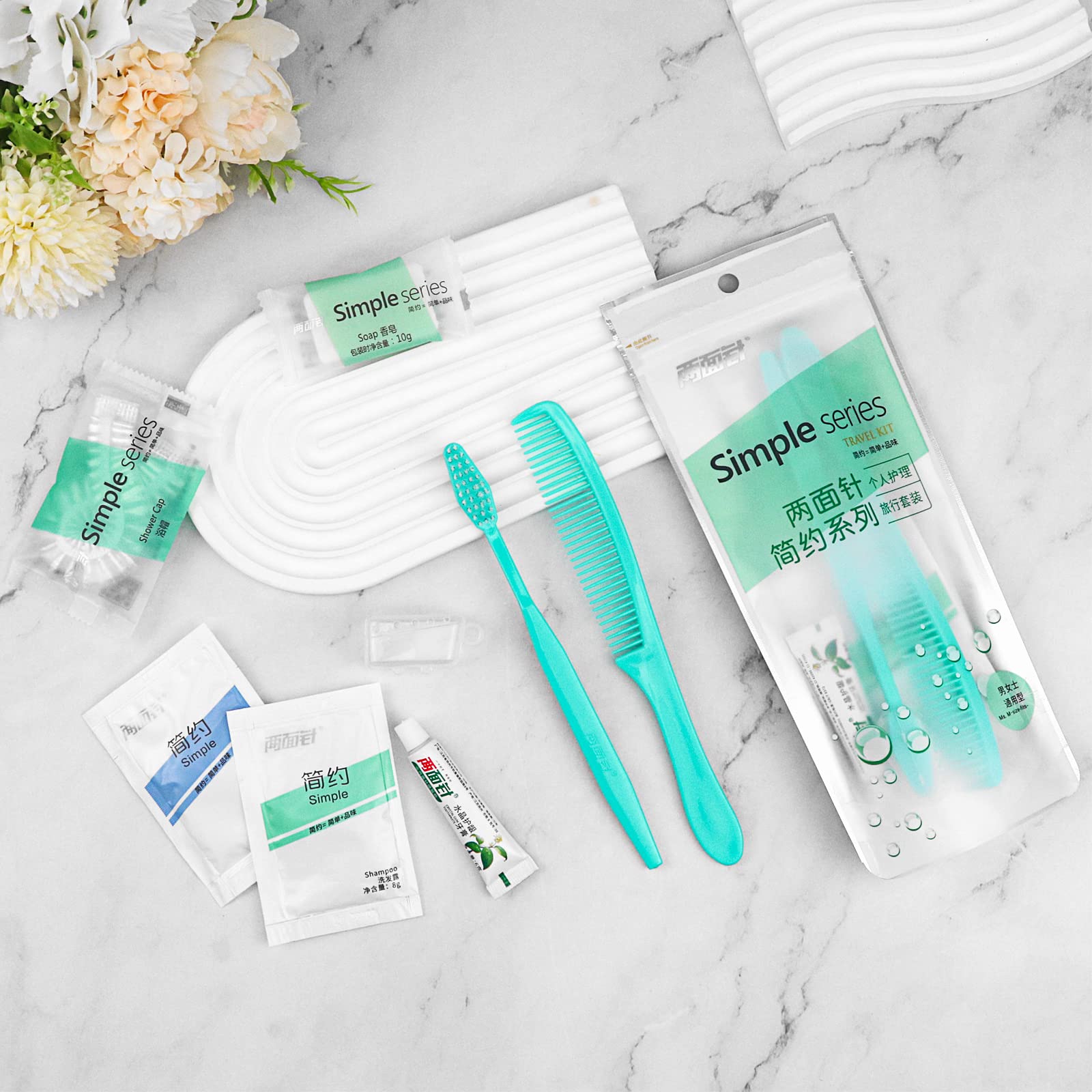 Packaged hygiene travel set featuring toothbrush and toothpaste