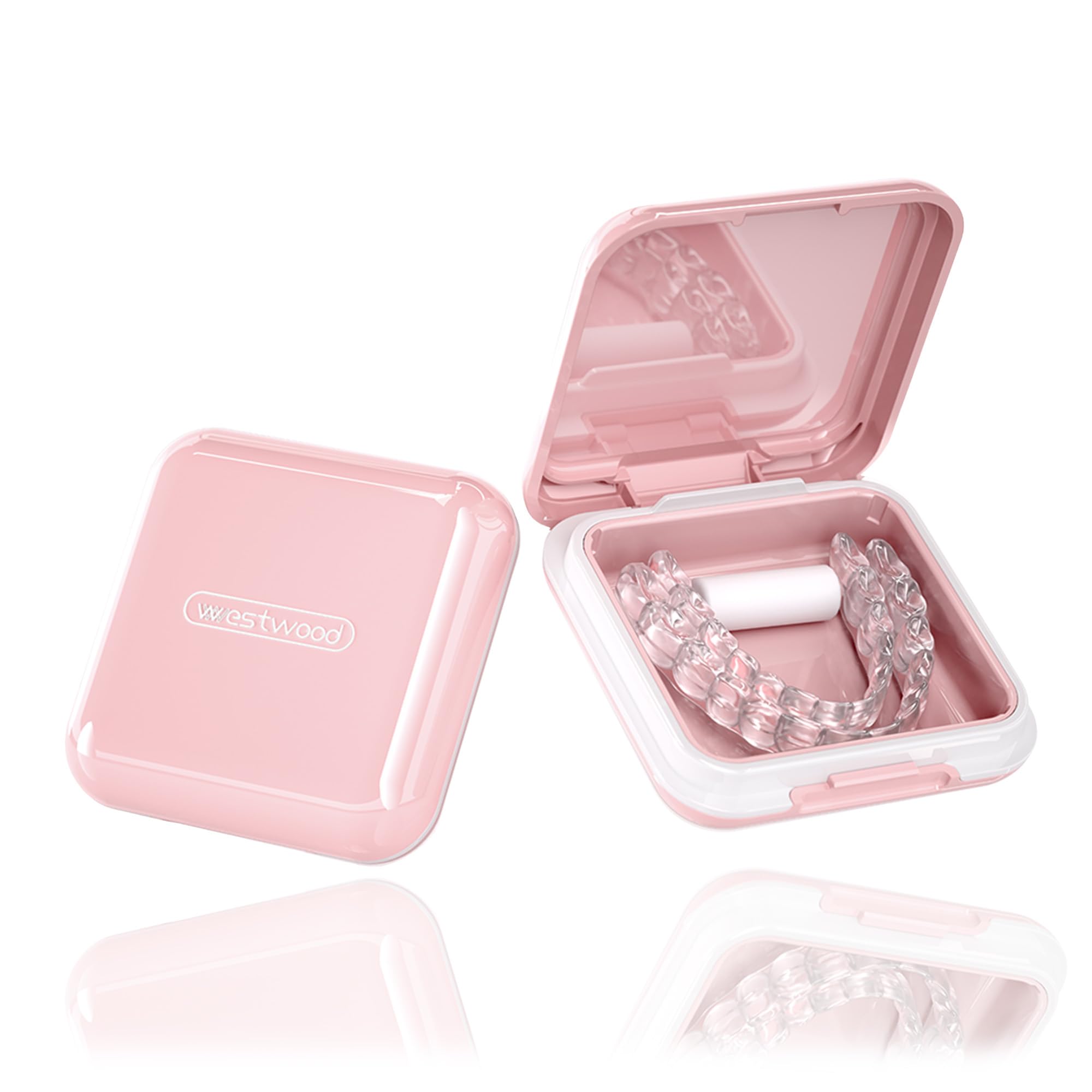 Luxurious pink retainer case with built-in mirror