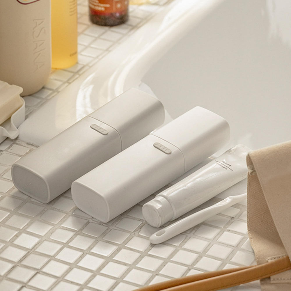 Mouthwash cup and toothpaste storage compatible inside travel case