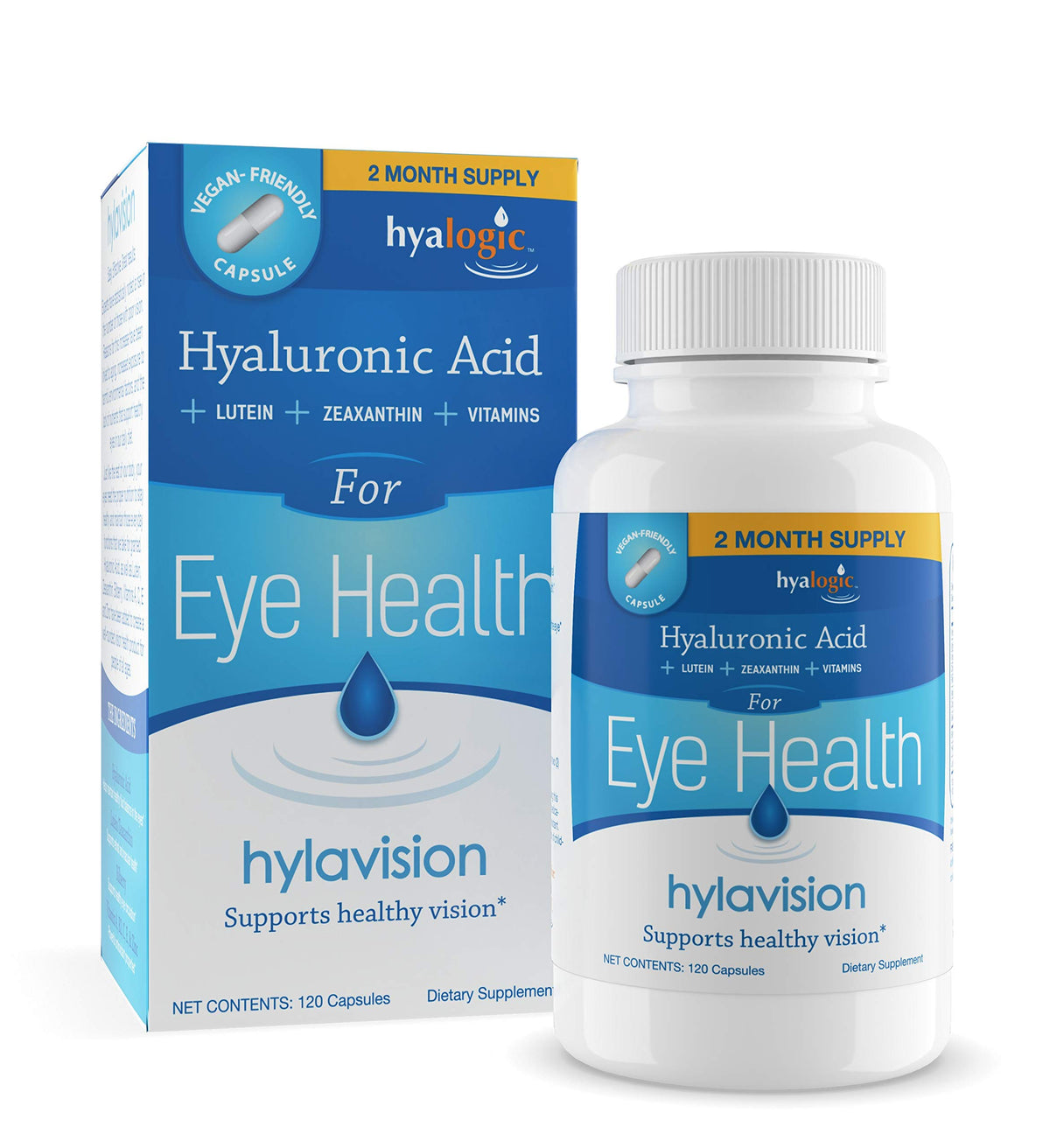 HylaVision Eye Health Supplements bottle featuring 120 vegan capsules