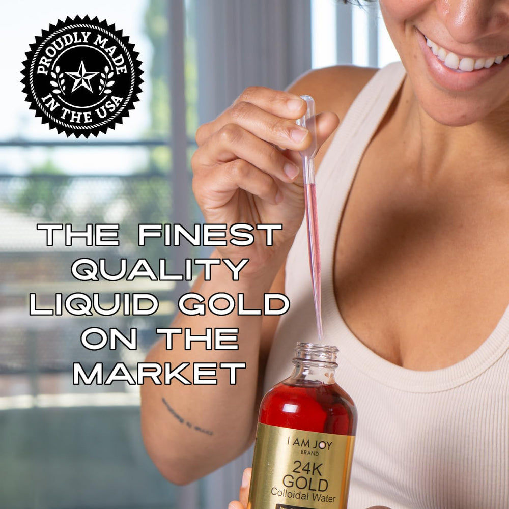 Close-up of the 8oz bottle with gold particles suspended in liquid