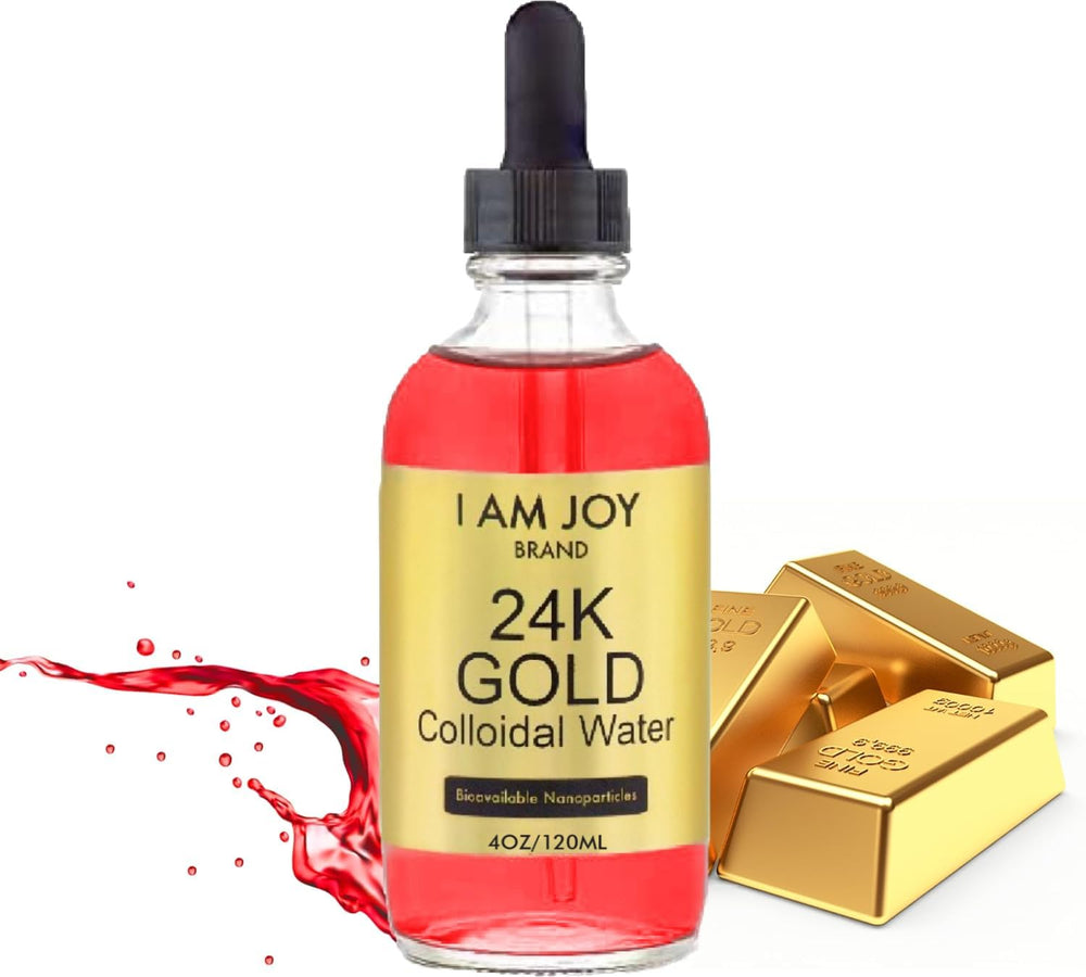 I Am Joy Colloidal Gold 24K 99.99% pure in a 4oz ruby red glass bottle