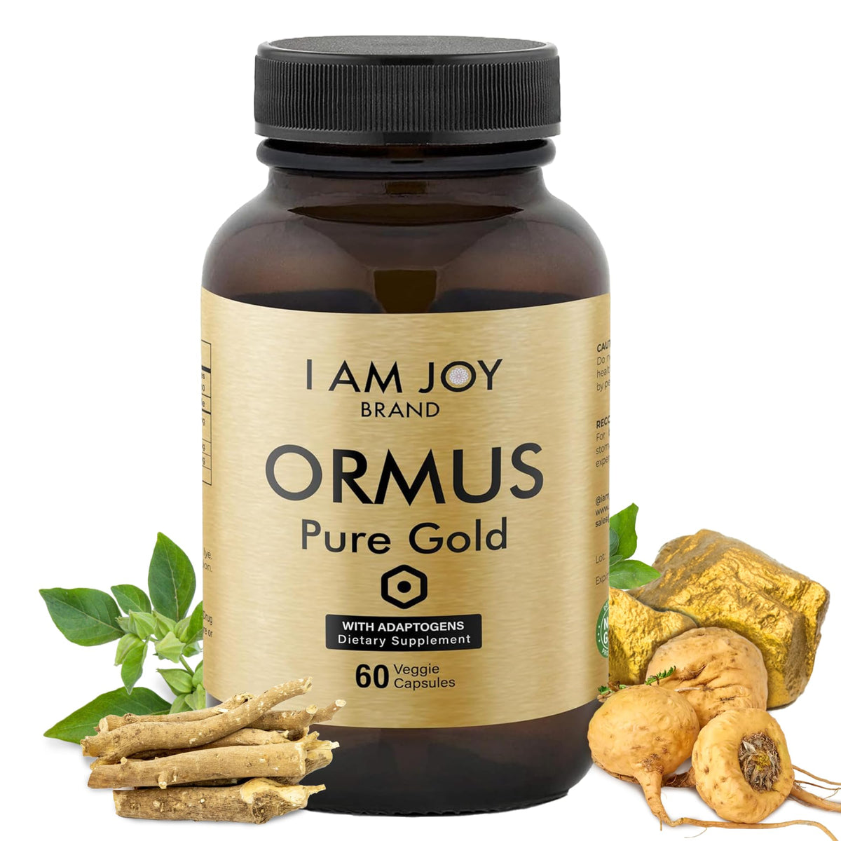 I Am Joy Monoatomic Gold capsules bottle with Adaptogens Maca and Ashwagandha