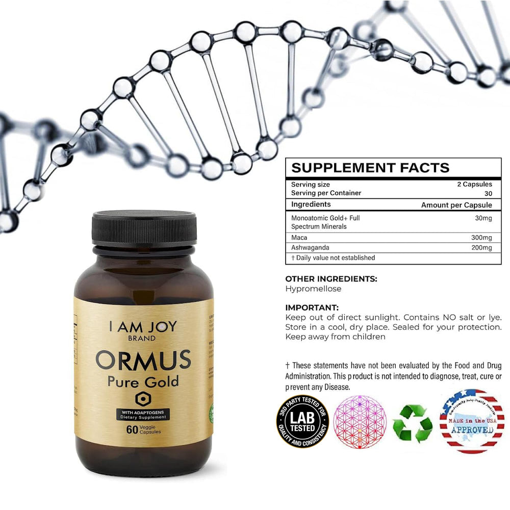 Front view of I Am Joy Ormus Gold Capsules bottle on white background