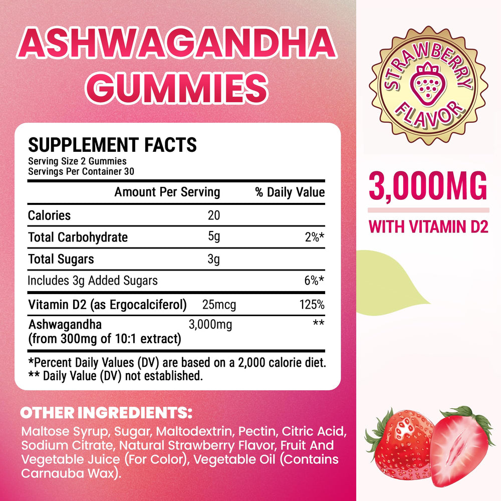 Ashwagandha Gummies with Vitamin D2 25mcg per serving label