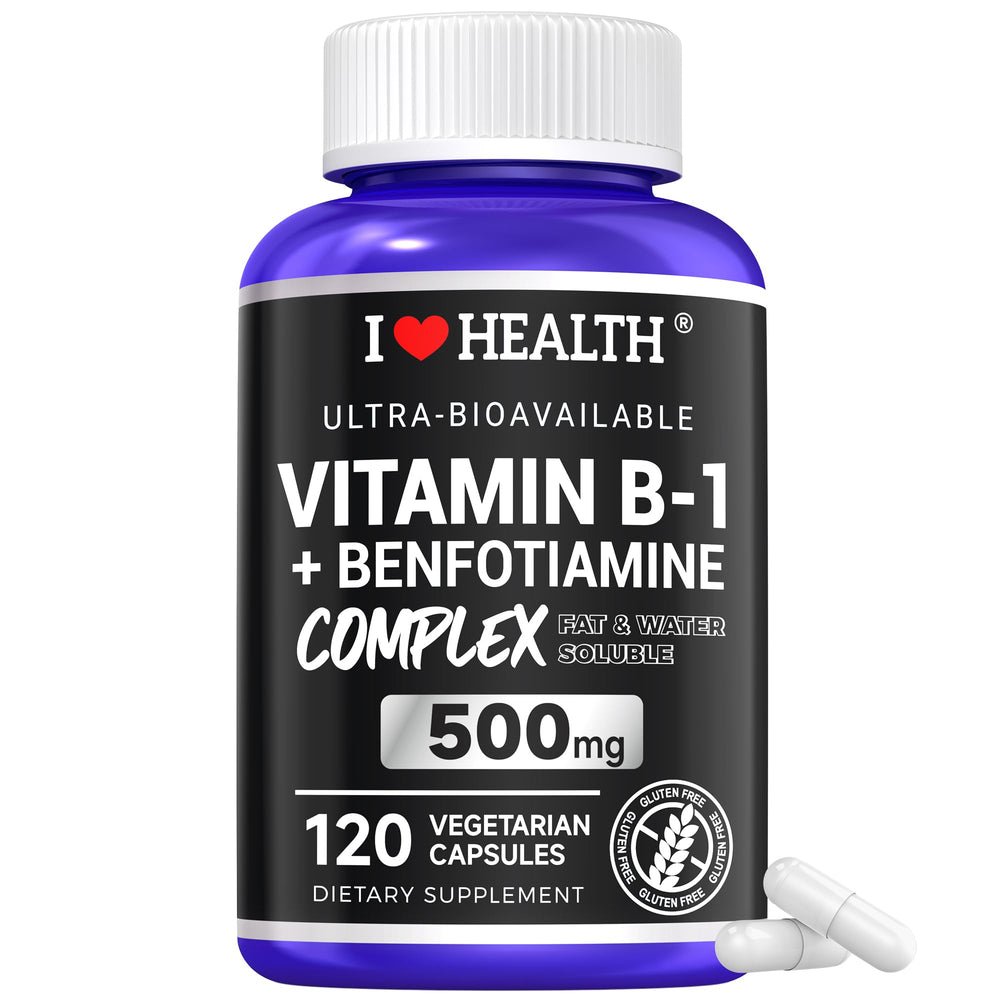 Front view of I LOVE HEALTH Vitamin B1 500mg + Benfotiamine bottle