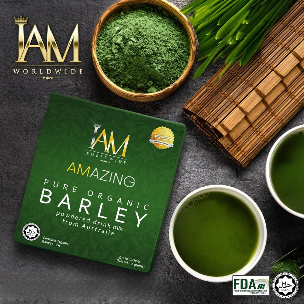 Close-up of barley grass powder sachet