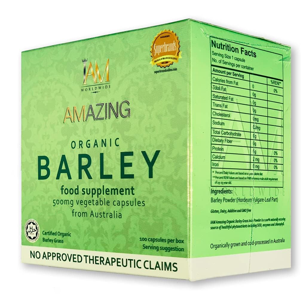 Bottle of IAM Worldwide Organic Barley Capsule with 100 capsules