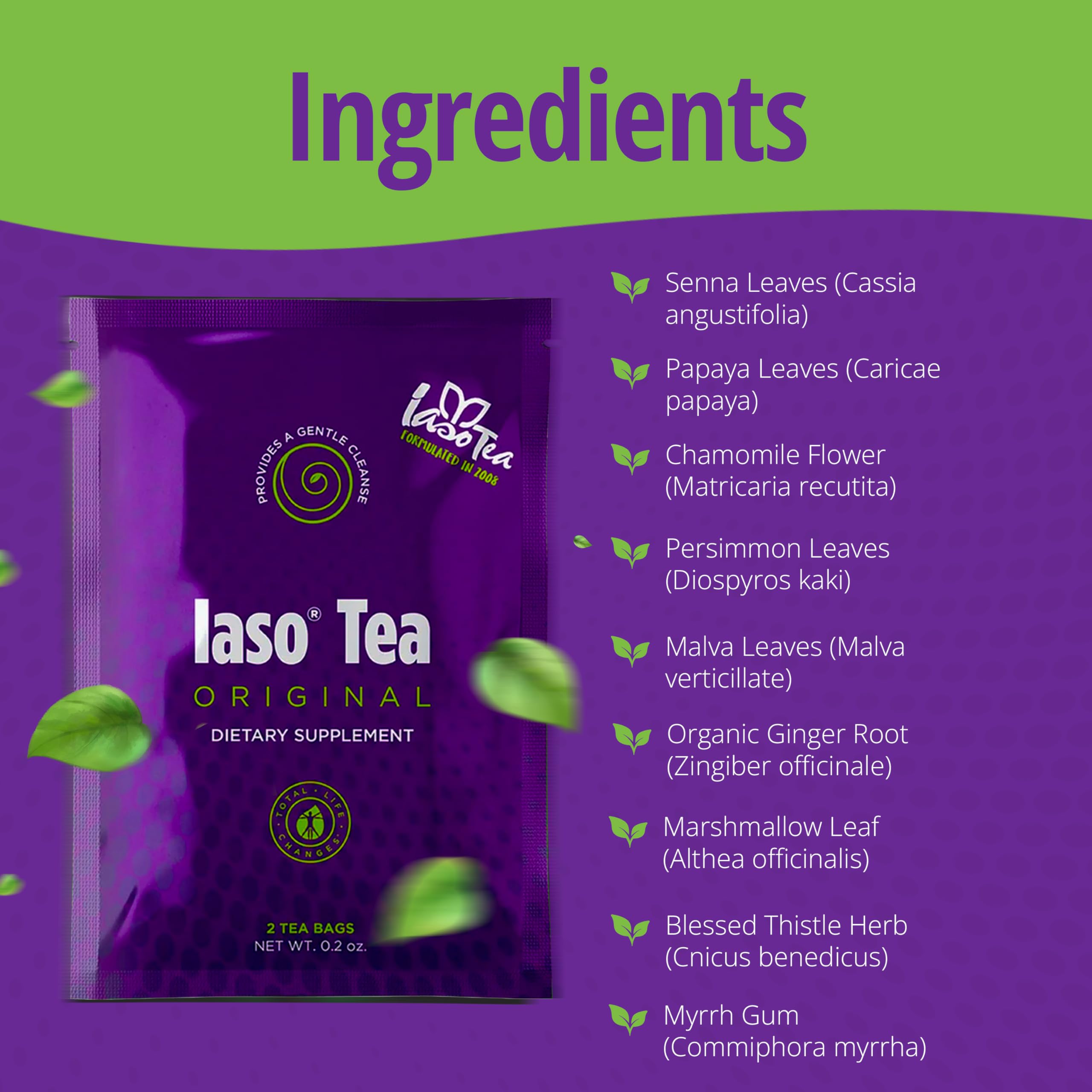IASO Iaso Brewed Tea label highlights Senna Leaf, Papaya, and Chamomile ingredients