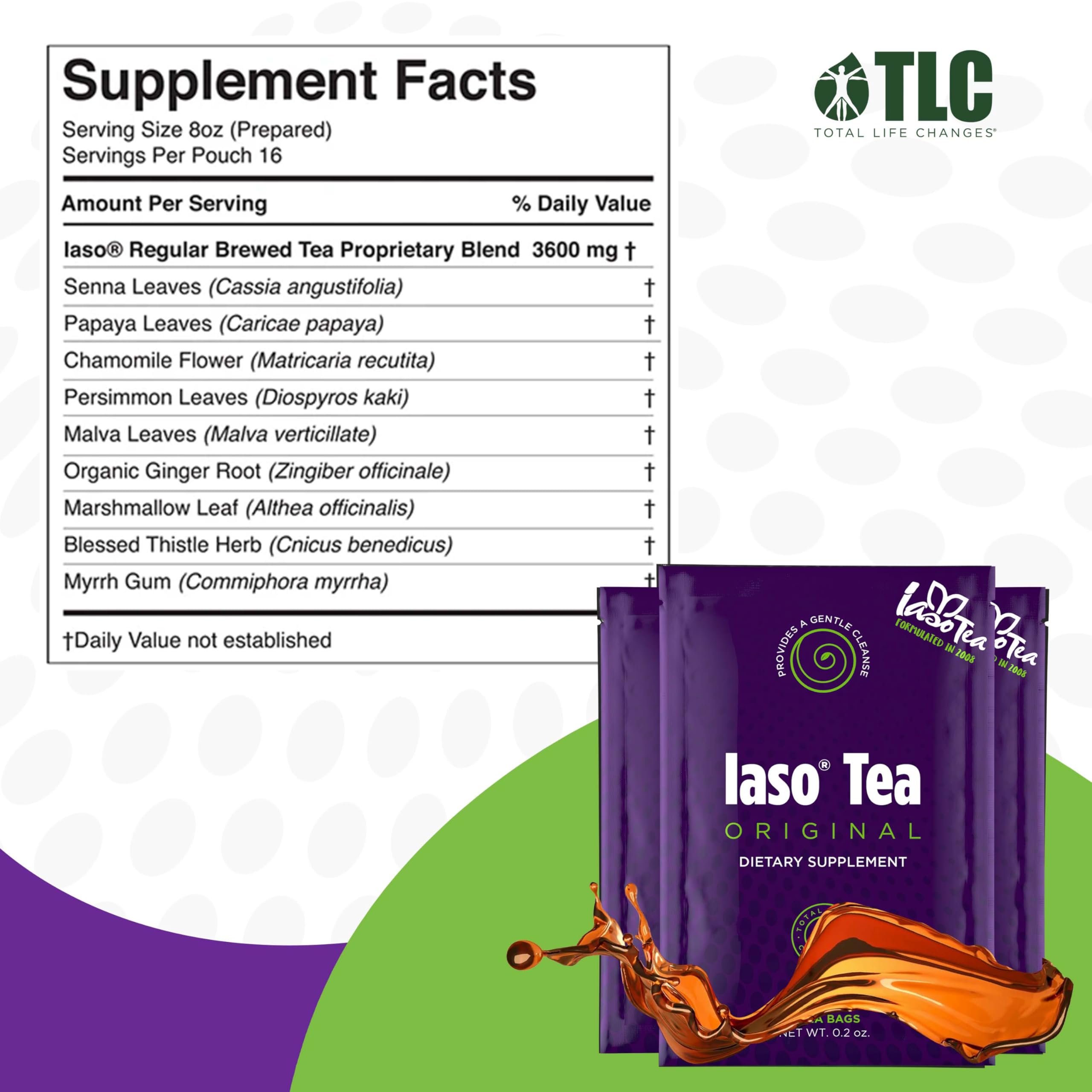 IASO Iaso Brewed Tea sachets closeup highlighting plant-based ingredients for digestive wellness