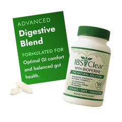 Front view of IBS Clear bottle with 180 capsules