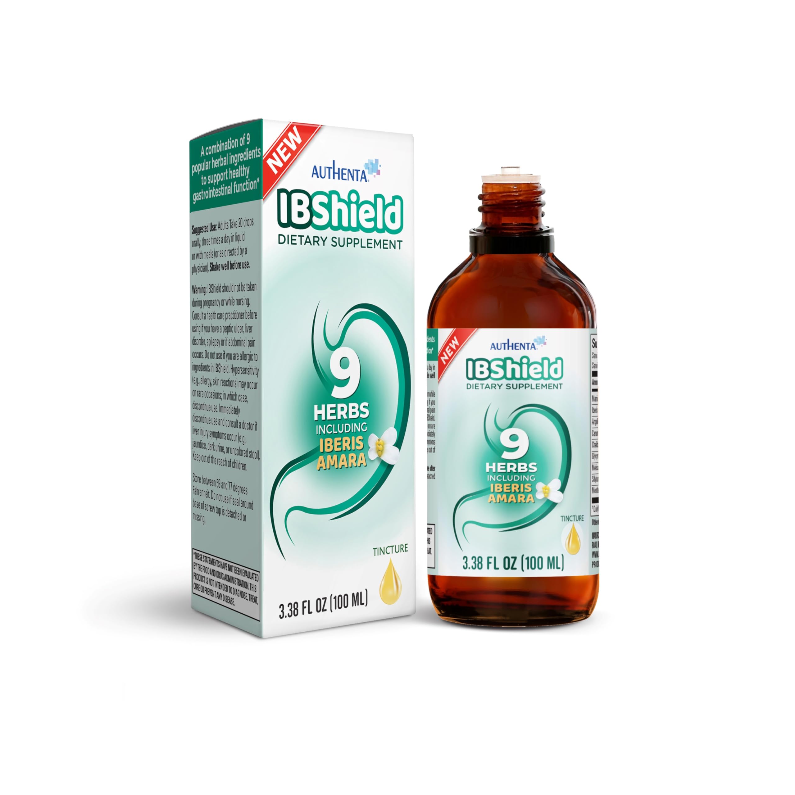 IBShield tincture bottle featuring Iberis Amara herb illustration