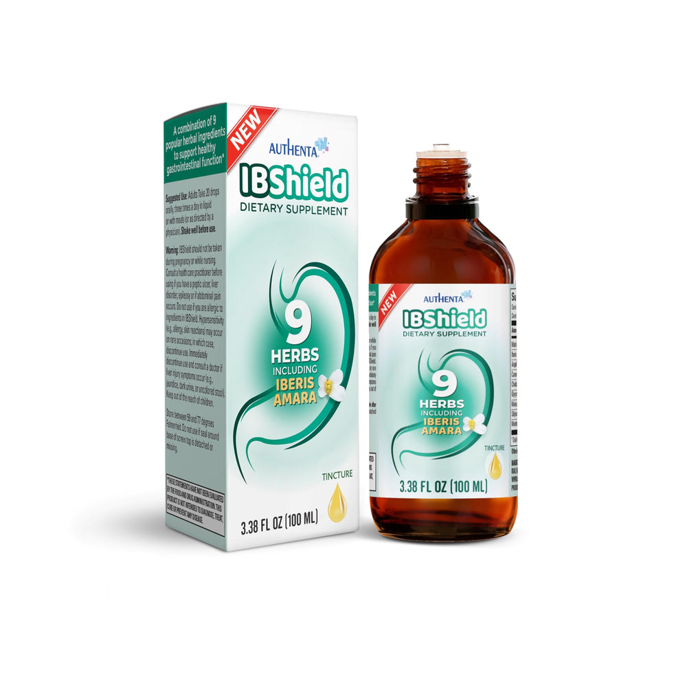 IBShield tincture bottle featuring Iberis Amara herb illustration