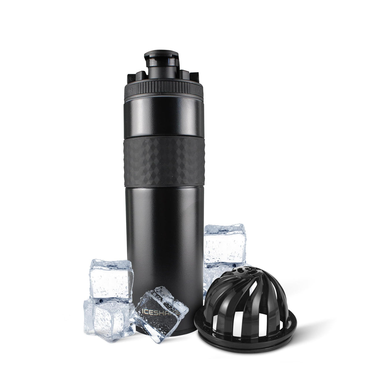 Ice Shaker 20 oz bottle in black side view highlighting durable stainless steel for workouts.