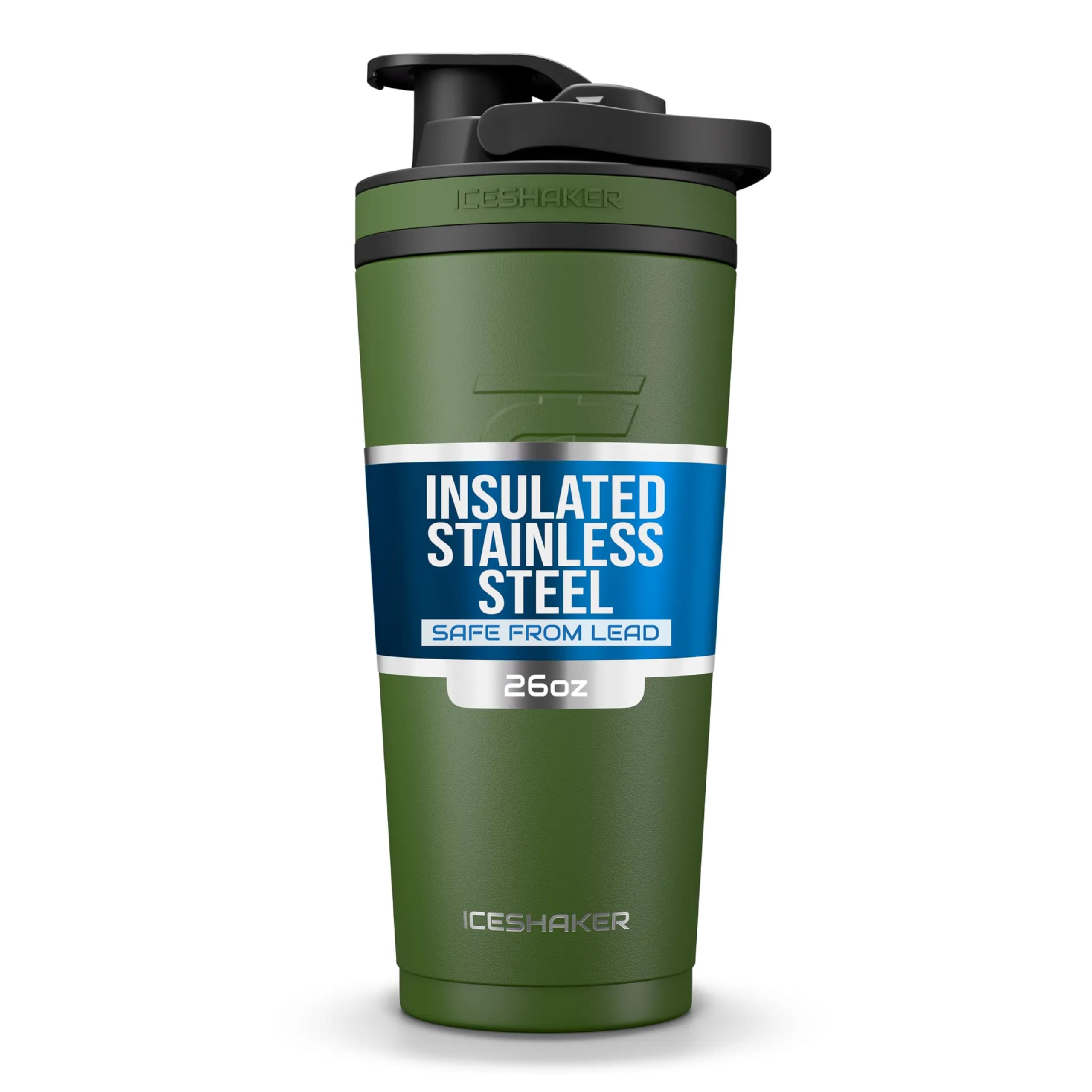 Ice Shaker 26oz Green bottle front view highlights insulated stainless steel for all day cold drinks