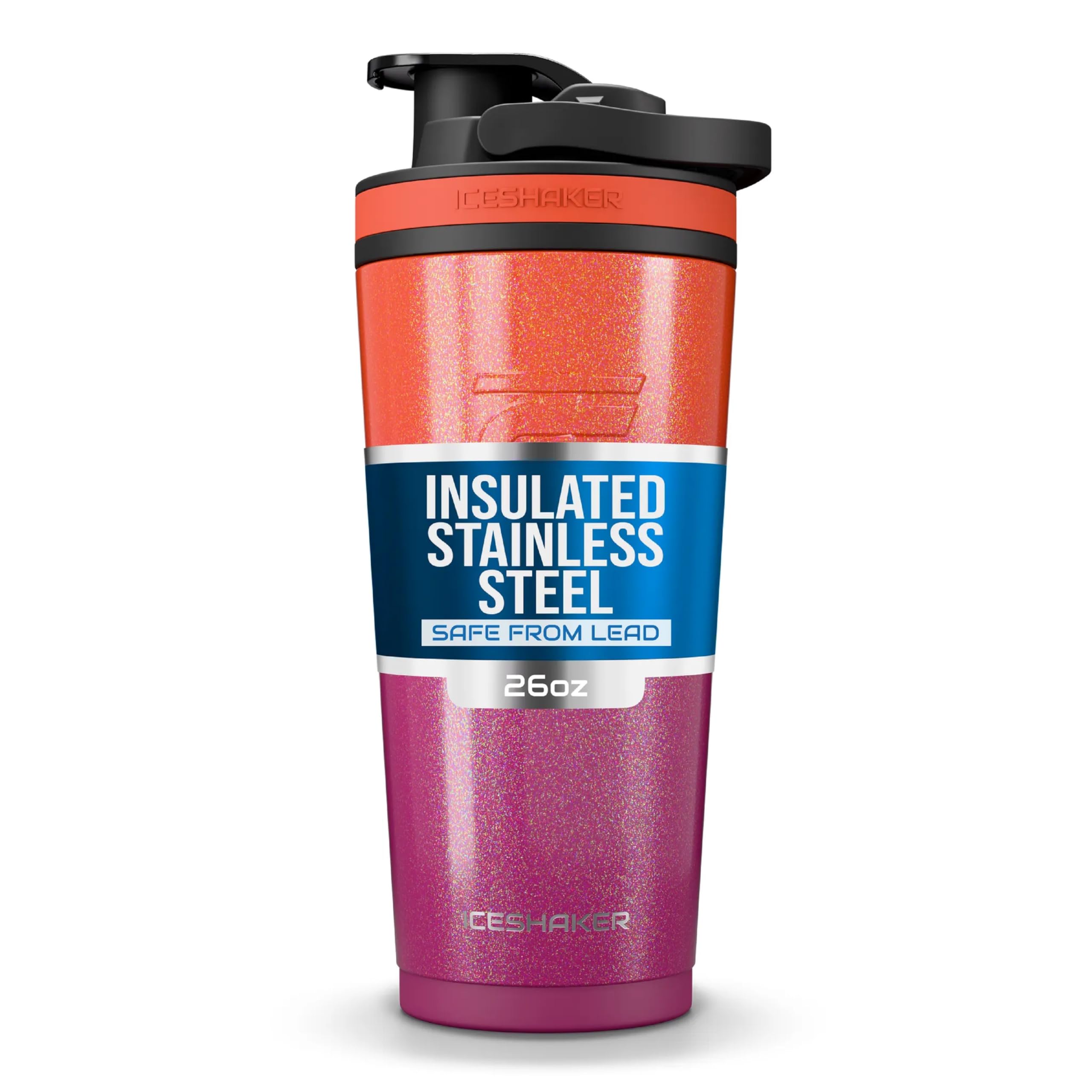 Ice Shaker 26oz insulated bottle keeps beverages cold for hours during workouts.
