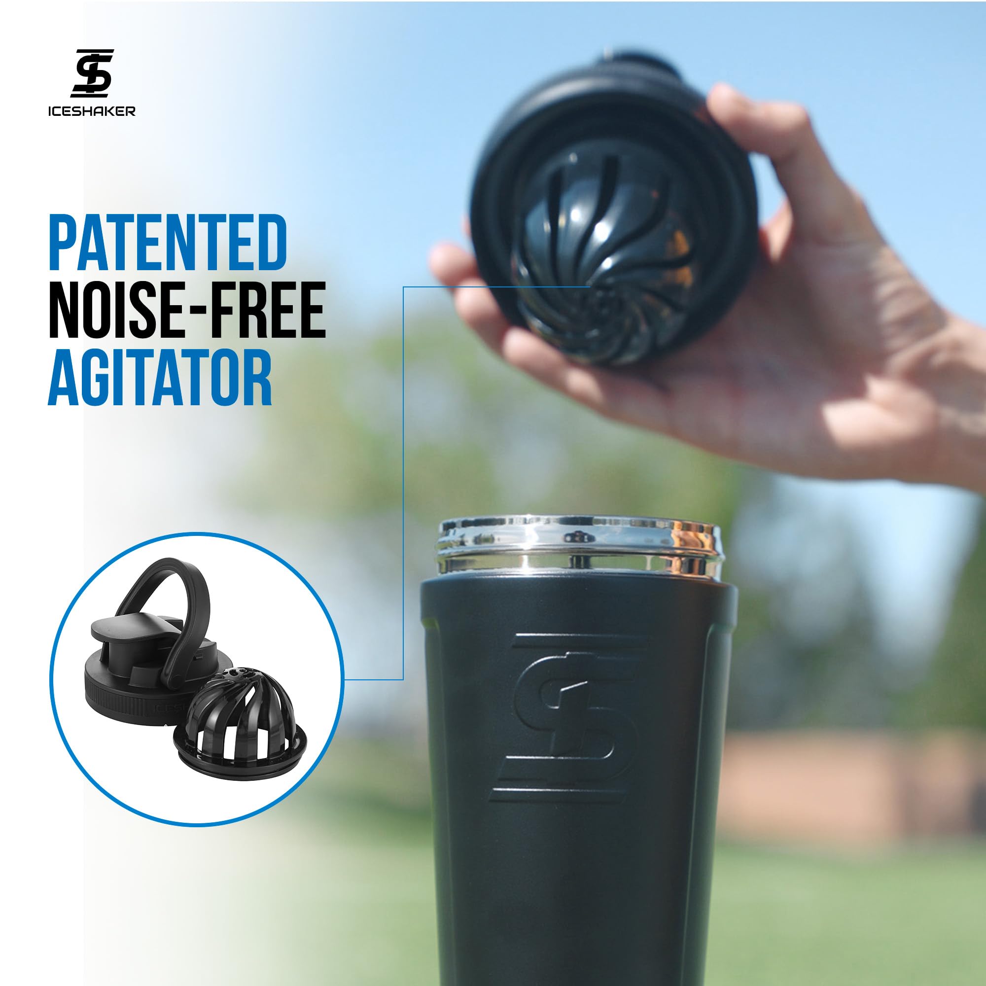 Ice Shaker being used — 26oz insulated stainless bottle in black camo