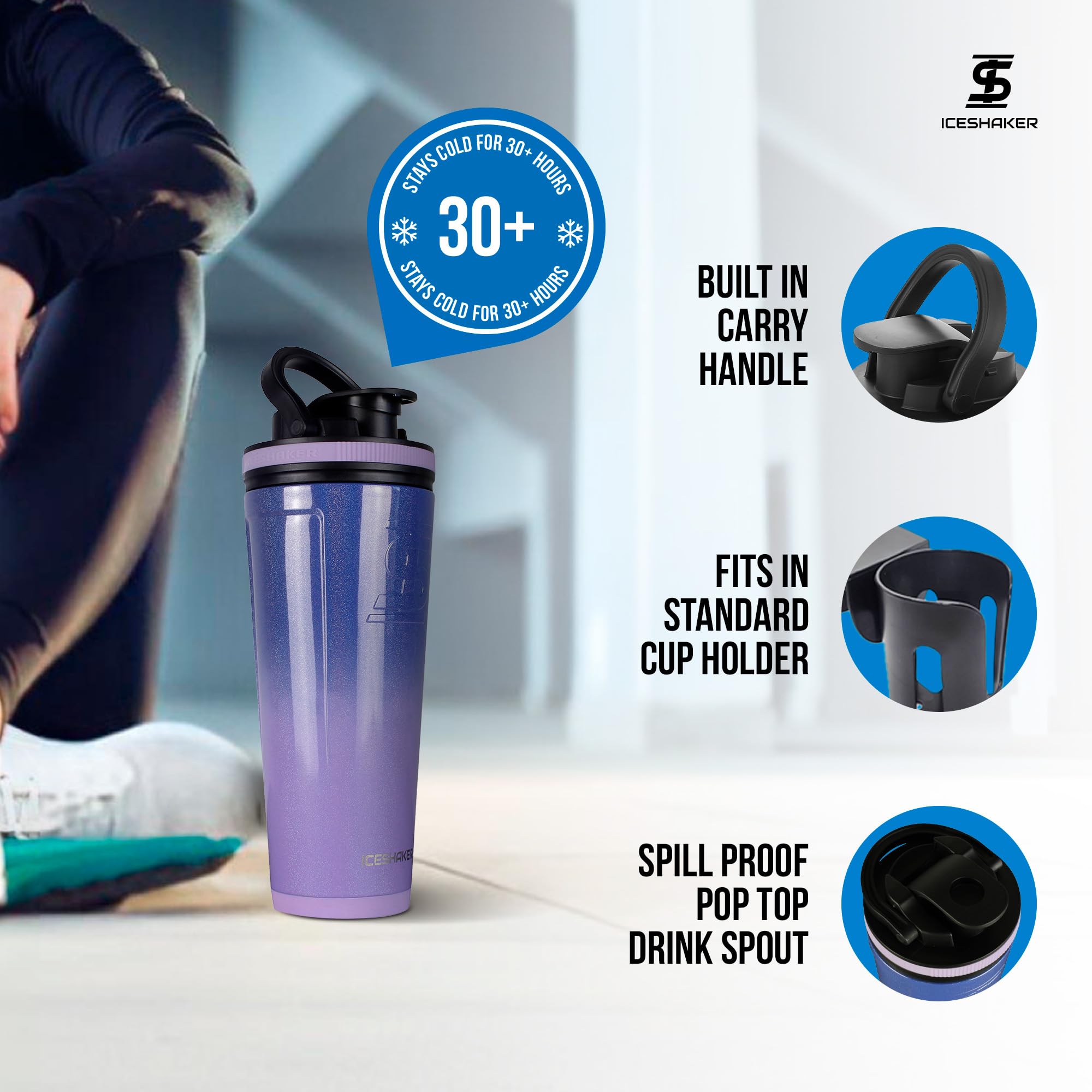 Ice Shaker 26oz Lilac Dreaming bottle resting in a cup holder for easy transport.
