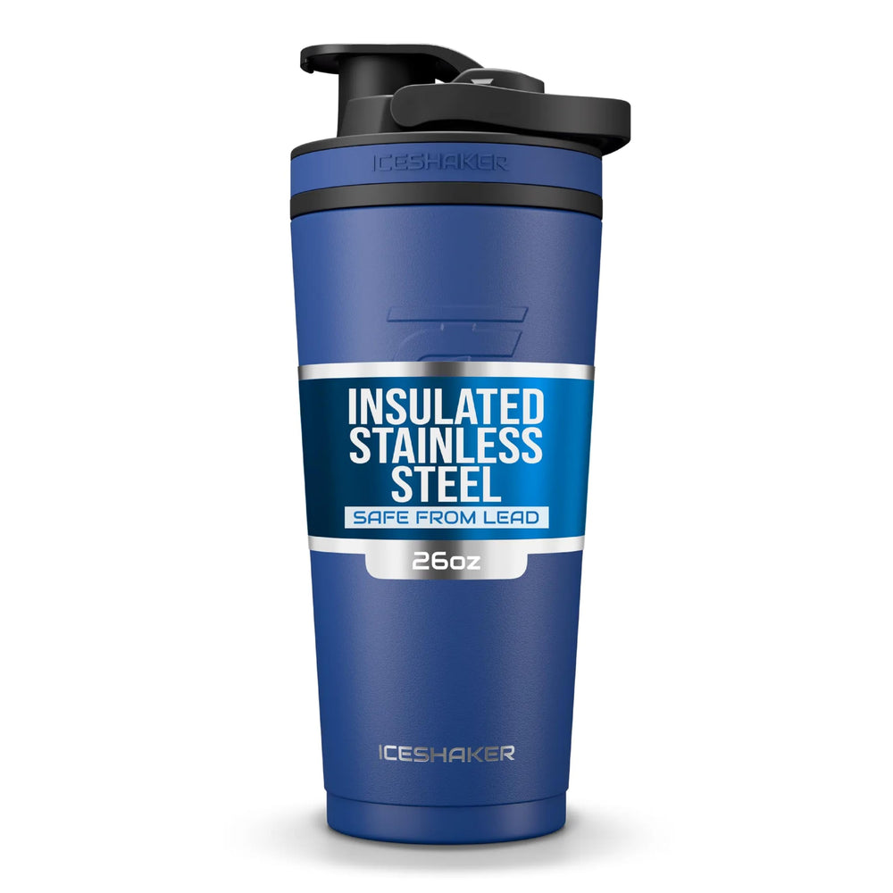 Ice Shaker 26oz navy bottle with double-wall insulation keeps drinks cold for up to 30 hours.