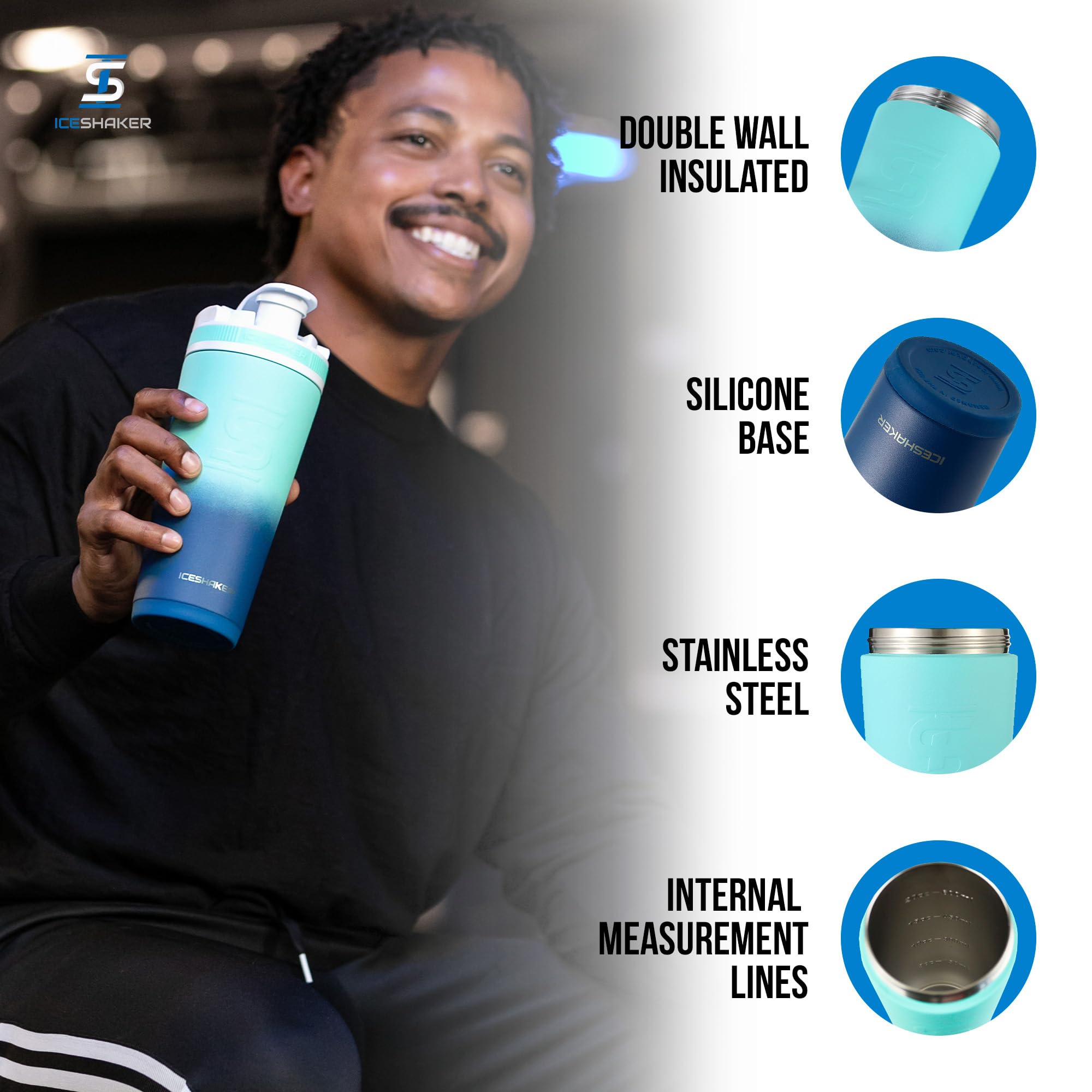 Ice Shaker 26oz Navy Mint double-wall insulation keeps drinks cold for 30+ hours.