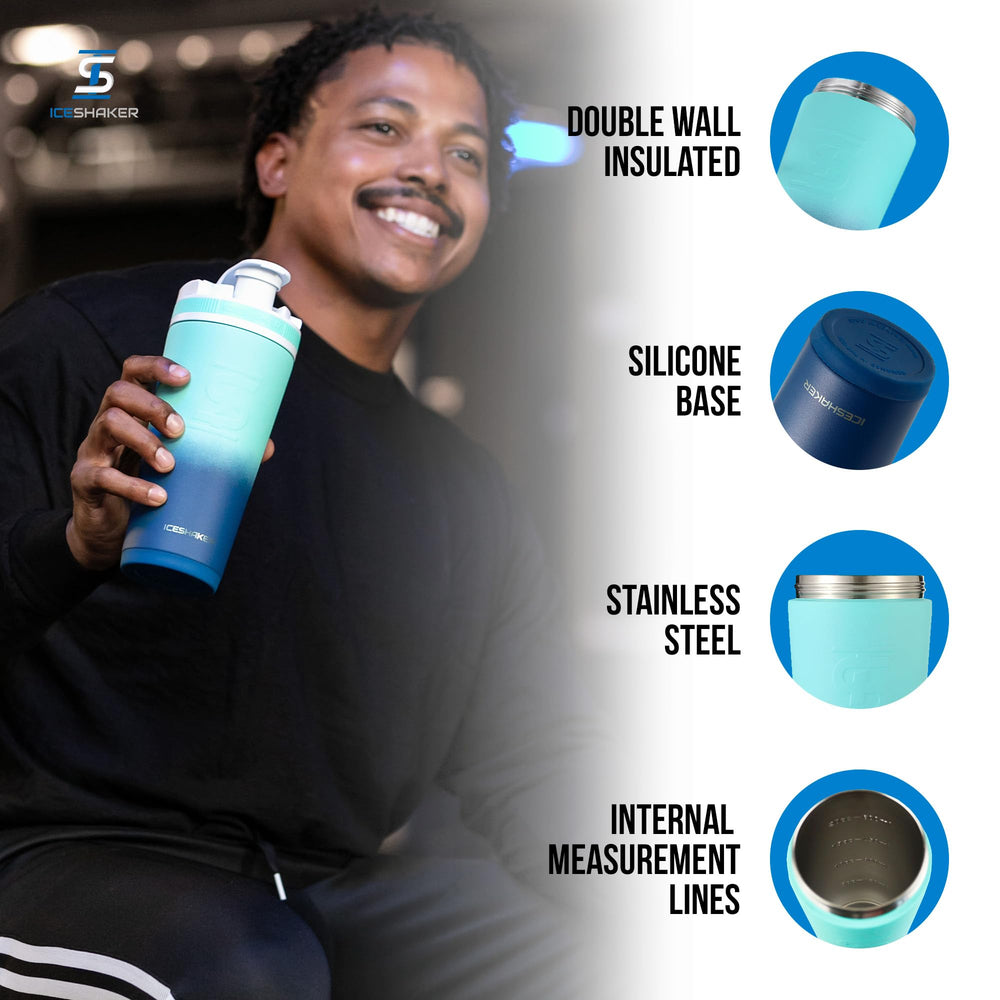 Ice Shaker 26oz Navy Mint double-wall insulation keeps drinks cold for 30+ hours.