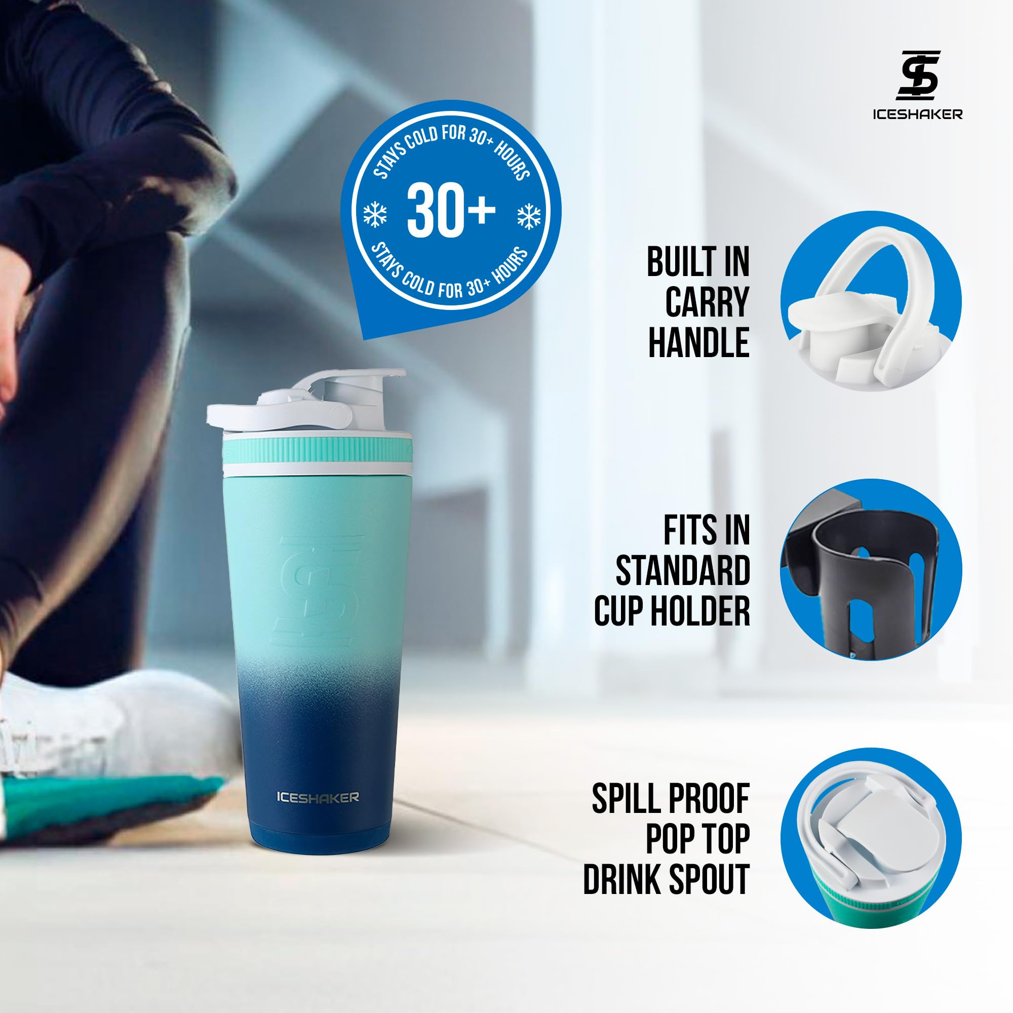 Ice Shaker 26oz Navy Mint silicone base provides grip and quiet set-down.