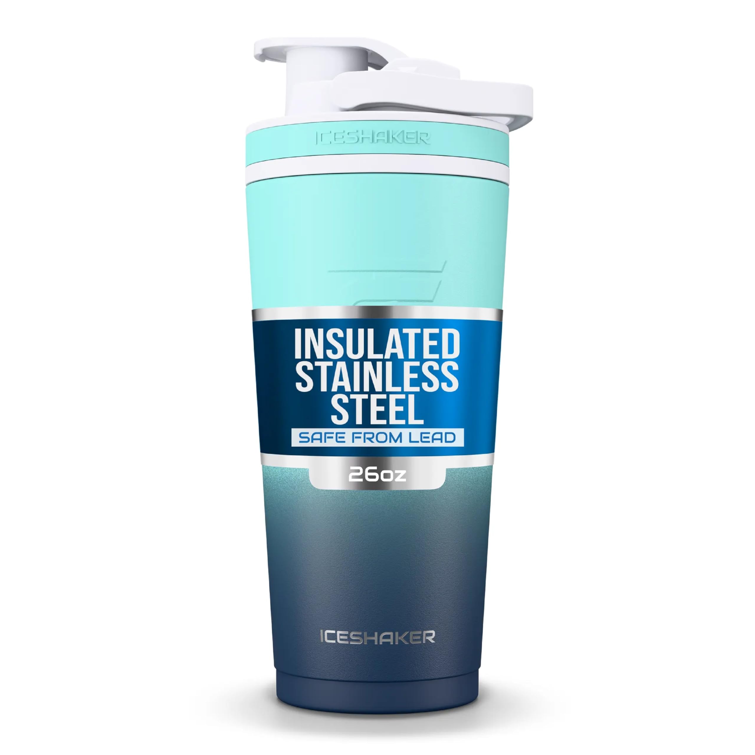 Ice Shaker 26oz Navy Mint twist-on agitator for smooth, lump-free shakes.