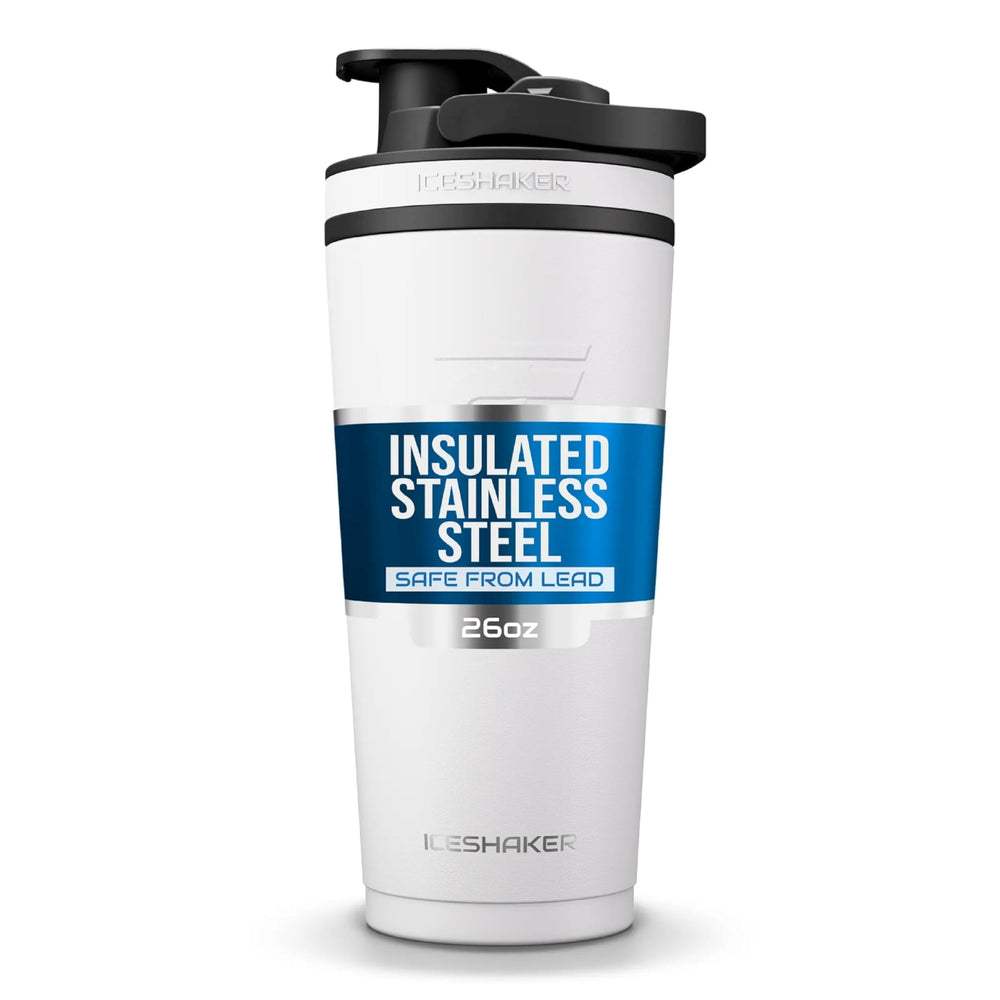 Ice Shaker 26oz white insulated bottle with twist-on agitator for smooth protein shakes.