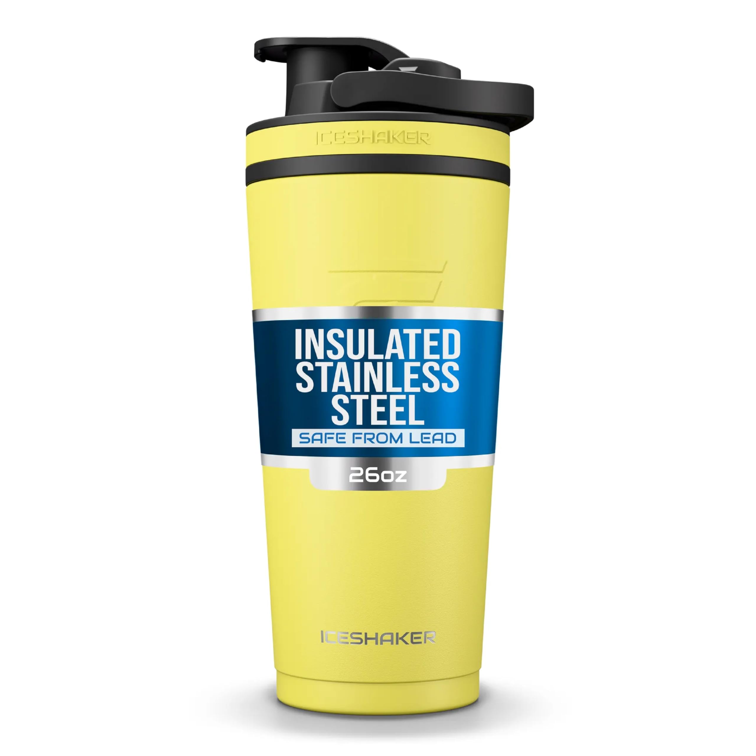 Ice Shaker 26oz yellow bottle front view for on-the-go hydration