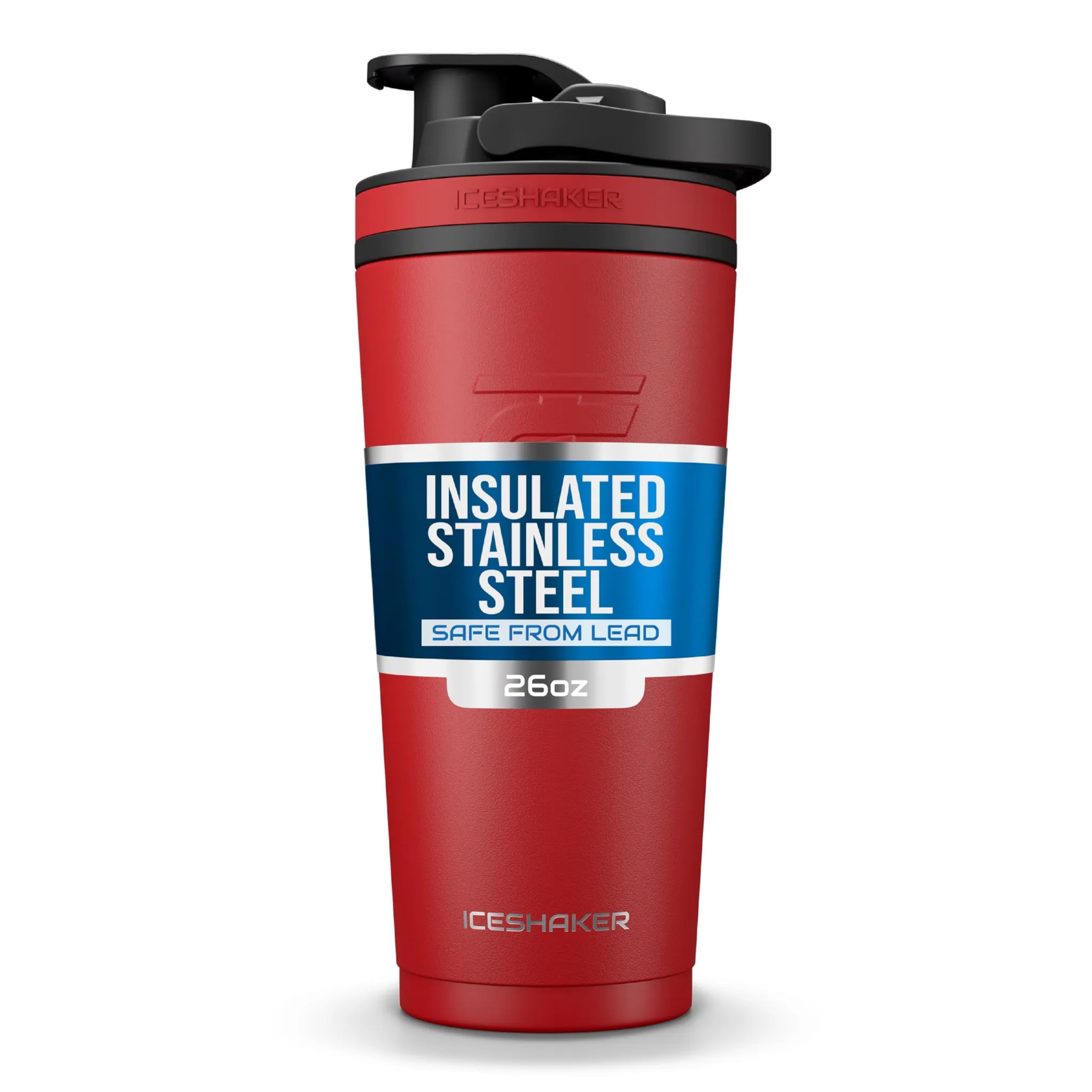Ice Shaker bottle front view in red and black for easy grab-and-go hydration.