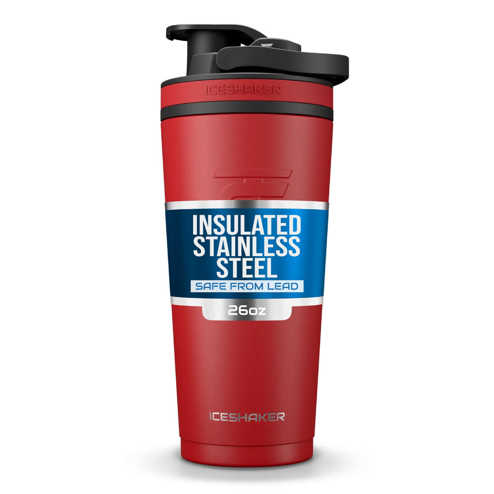Ice Shaker bottle front view in red and black for easy grab-and-go hydration.