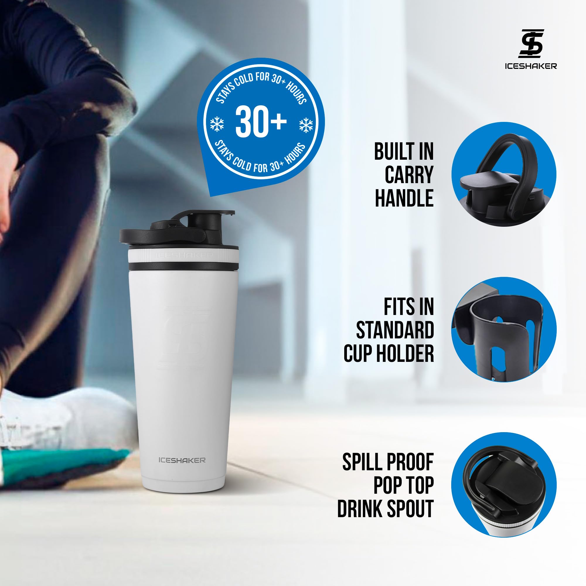 Ice Shaker cup-holder-friendly design for easy transport.