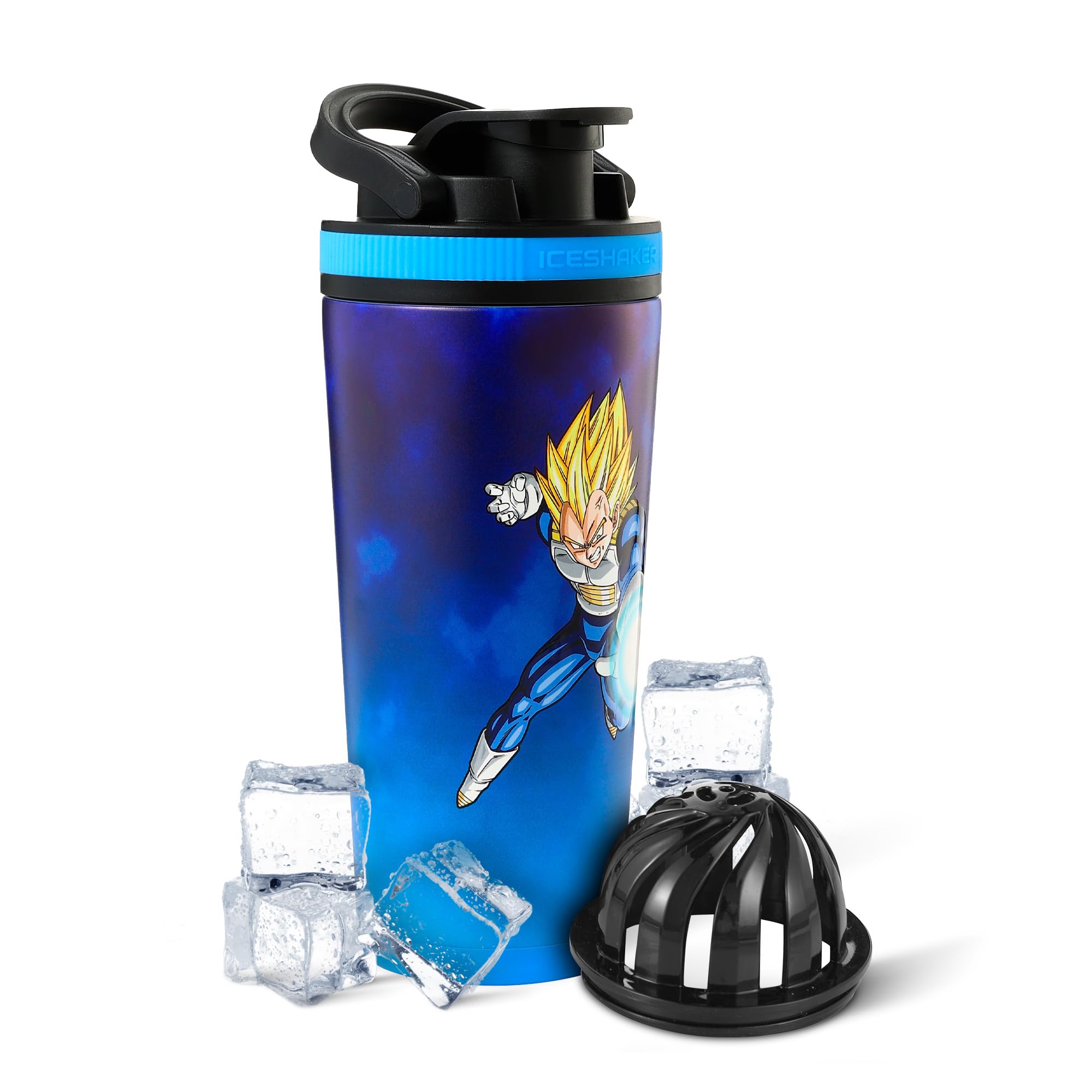 Ice Shaker Dragon Ball Z 26oz bottle front view showcases Vegeta design for durable cold drinks.