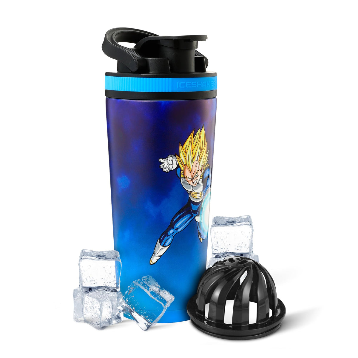 Ice Shaker Dragon Ball Z 26oz bottle front view showcases Vegeta design for durable cold drinks.