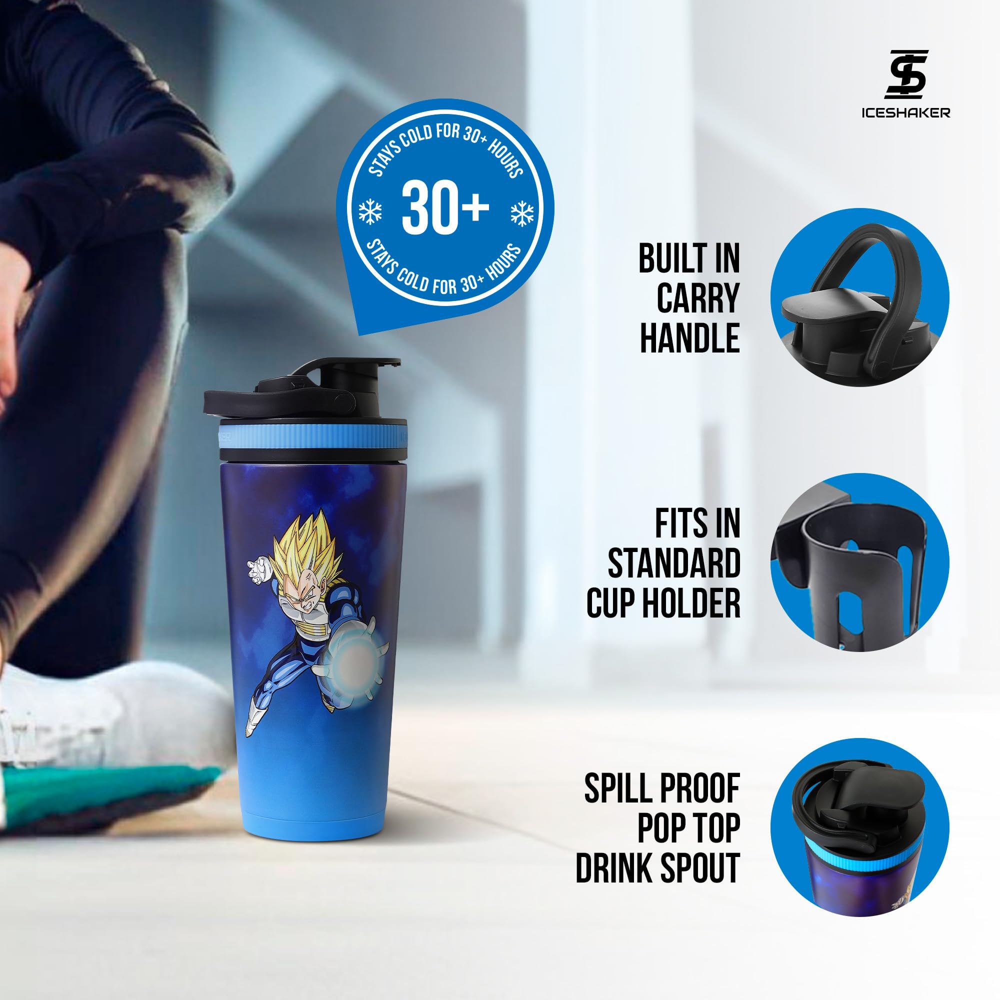 Ice Shaker Dragon Ball Z 26oz bottle silicone base reduces noise and prevents sliding.