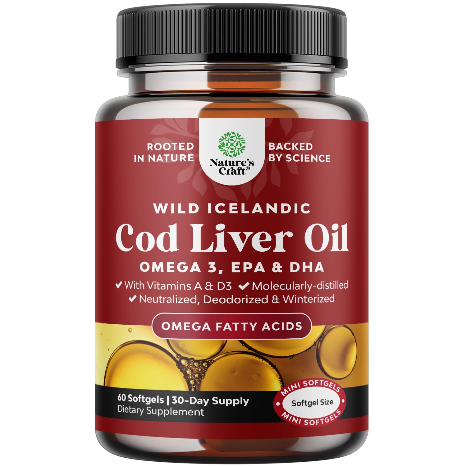 Icelandic wild-caught cod liver oil softgels bottle – 60 count
