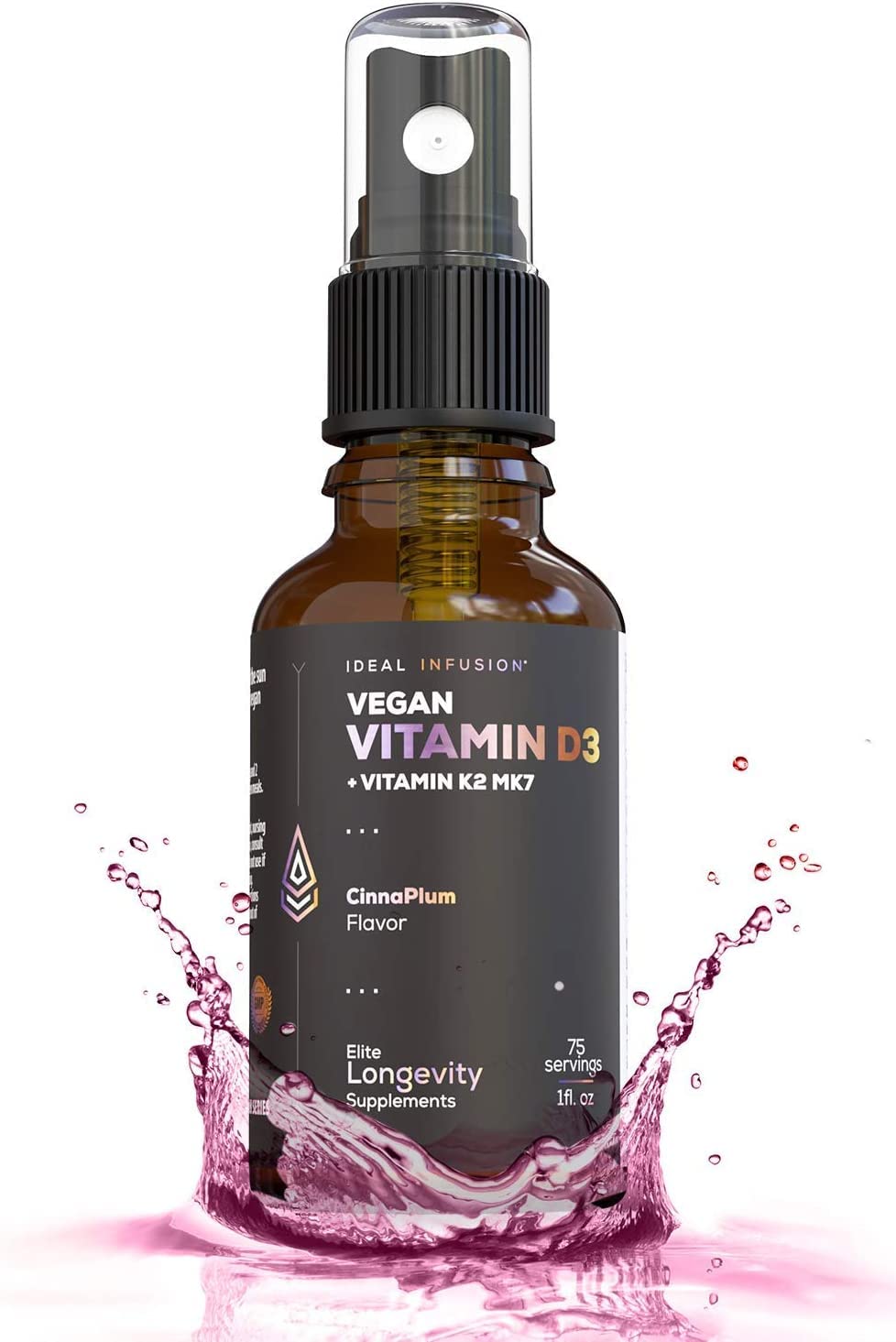 Bottle of Ideal Infusion vegan vitamin D3 5000 IU with K2 MK-7 Organic Plum Cinnamon flavor