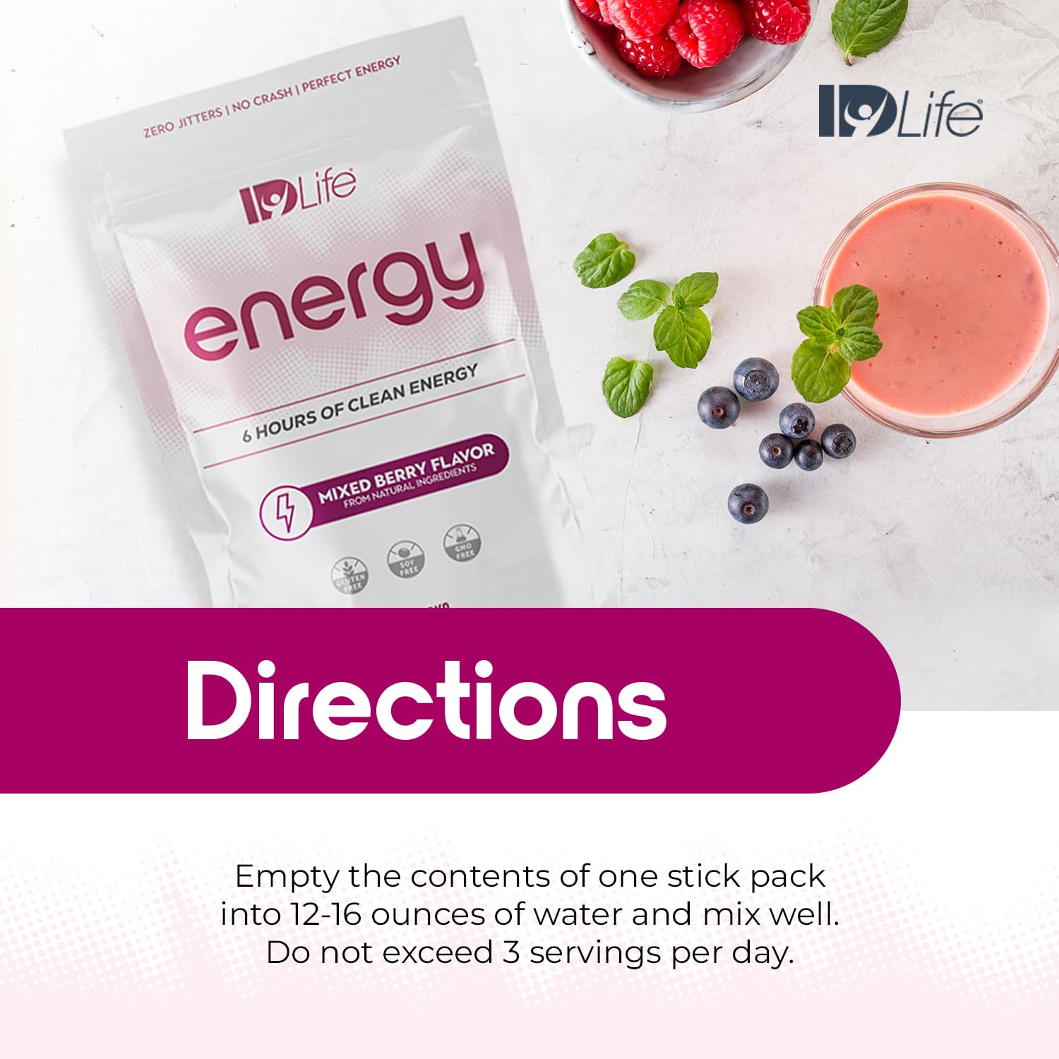 IDLife Energy orange flavor sample beside water bottle.