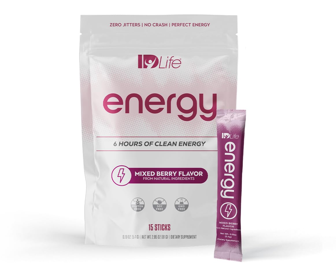 IDLife Energy mixed berry packet ready to mix for lasting focus.