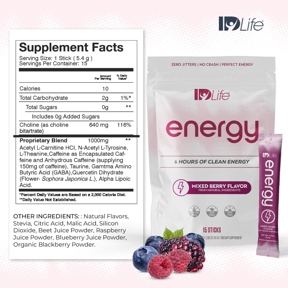IDLife Energy powder dissolving in water for steady six hour energy.