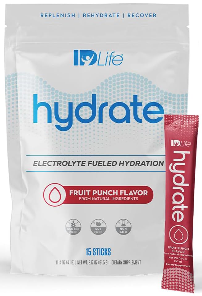 Front view of IDLife Fruit Punch Hydrate box with 15 sticks
