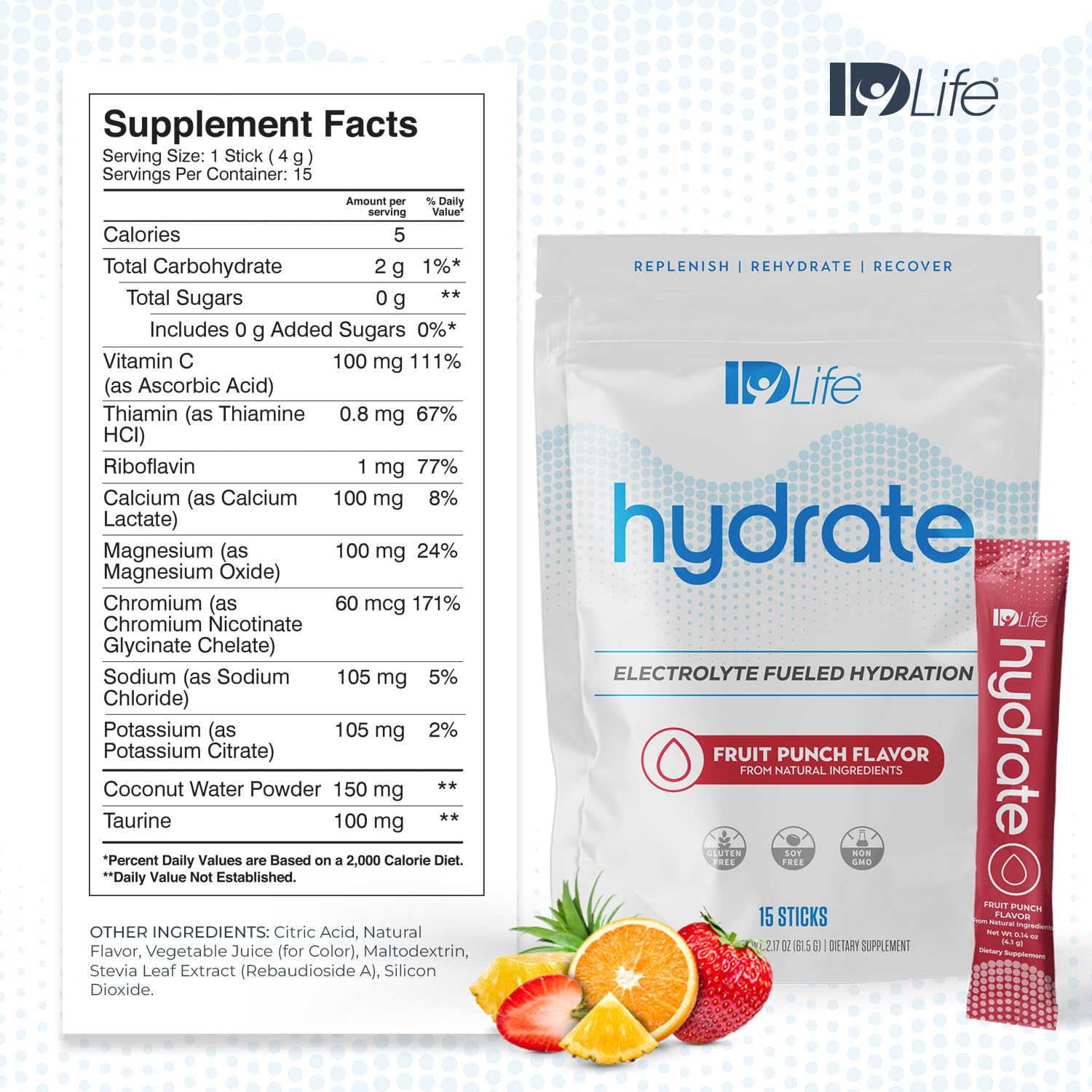 Close-up of IDLife Fruit Punch Hydrate sticks