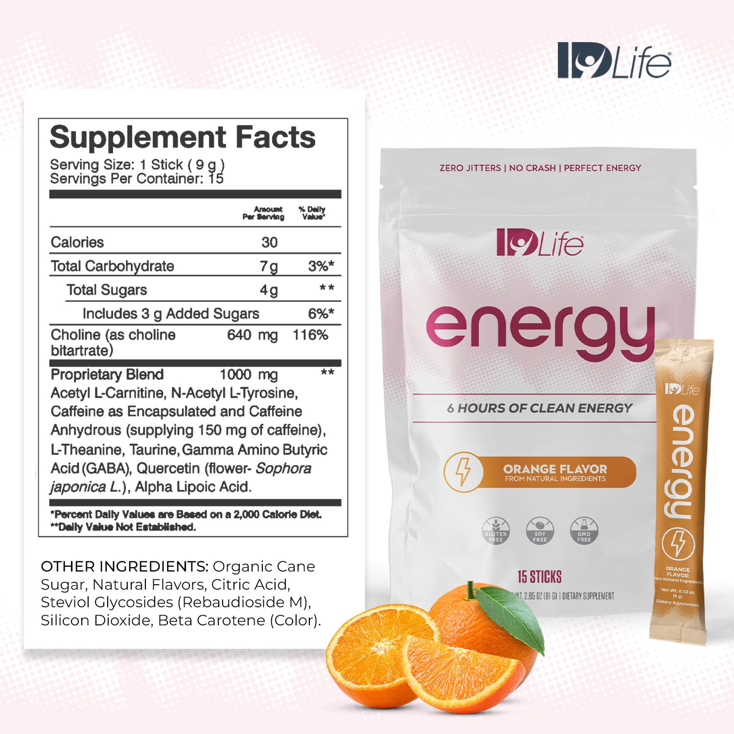 IDLife Orange Energy Drink glass with water shows refreshing, citrus boost.
