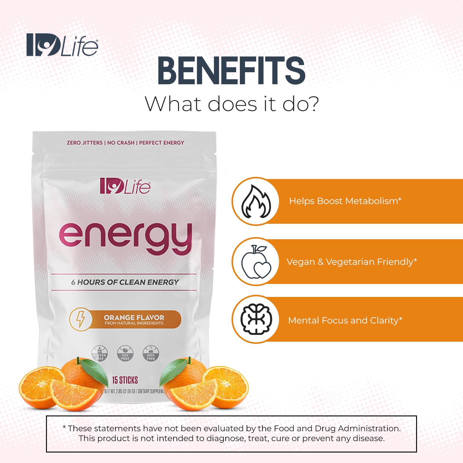 IDLife Orange Energy Drink sticks bag shows portable energy on the go.