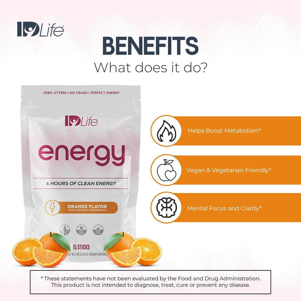 IDLife Orange Energy Drink sticks bag shows portable energy on the go.