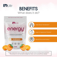 IDLife Orange Energy Drink sticks bag shows portable energy on the go.