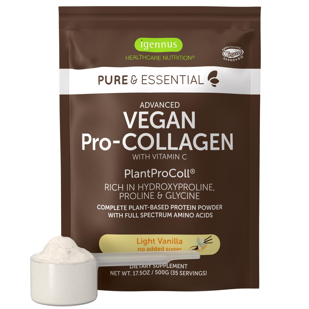 Igennus Advanced Vegan Vanilla Collagen Peptide Powder jar front label