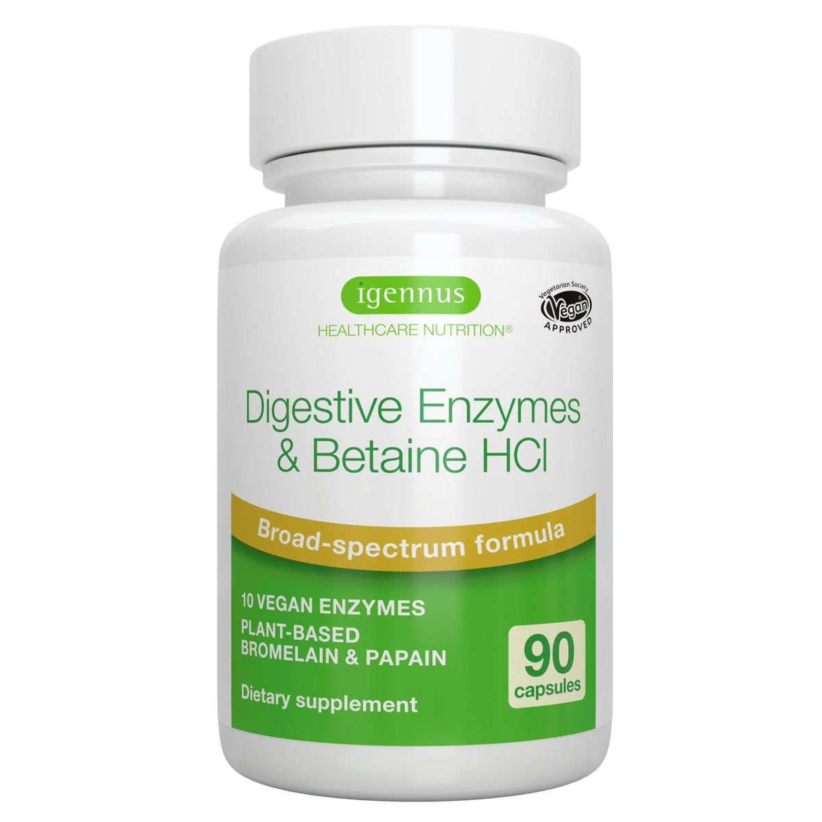 Igennus Fast Action Digestive Enzymes & Betaine HCl bottle – front view